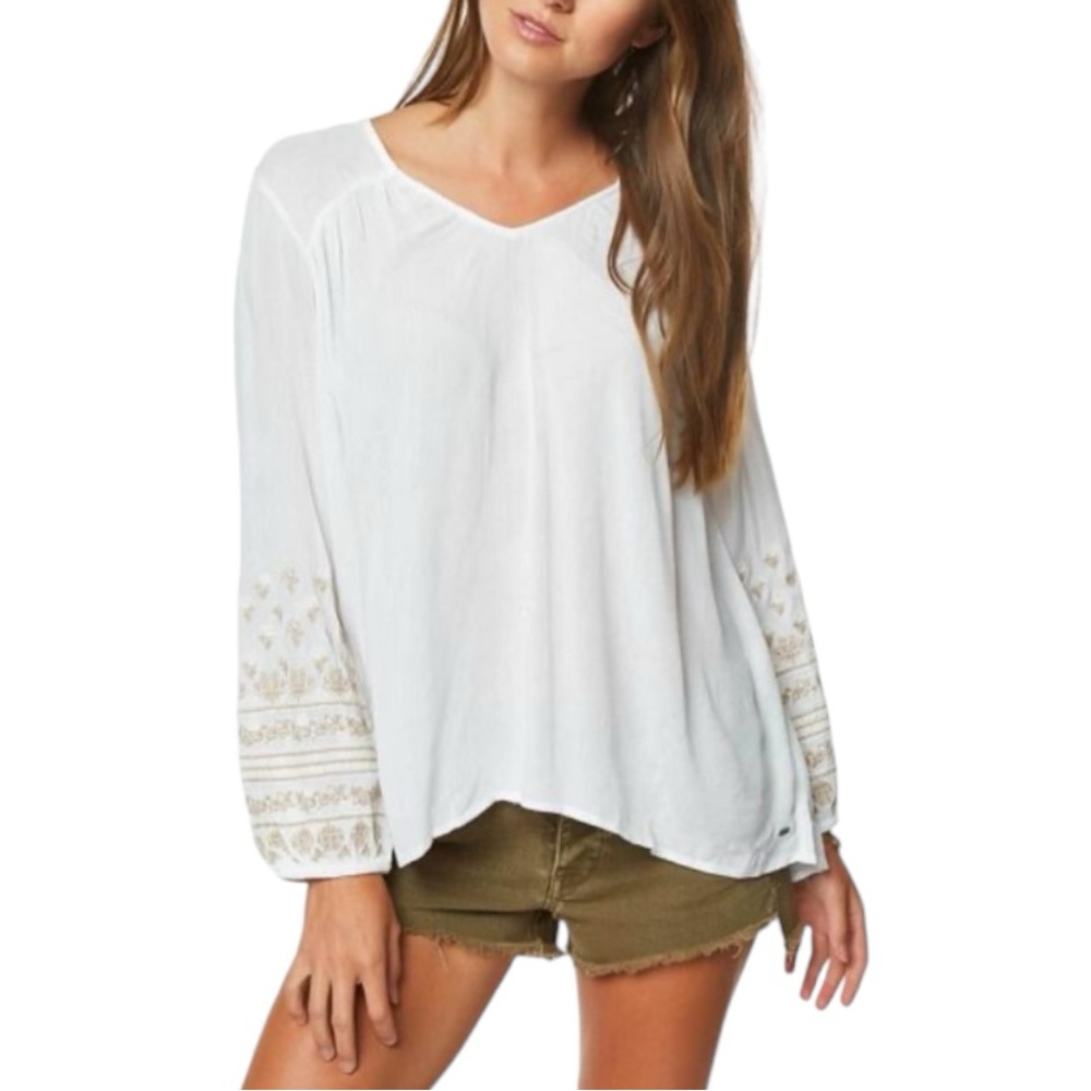 O’NEILL MARIANA WHITE LIGHT AND AIRY V-NECK EMBROIDERED SLEEVED BLOUSE SZ M